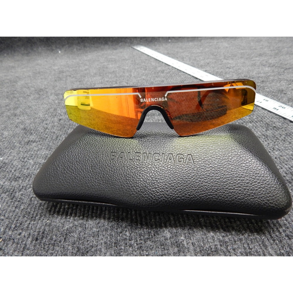 Balenciaga BB0003S 007 Shield Sunglasses Orange Mirrored Lens Italy Black Frame